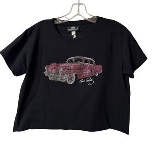 NWOT Black Crop Tee with Elvis Rhinestone Pink Cadillac, Large